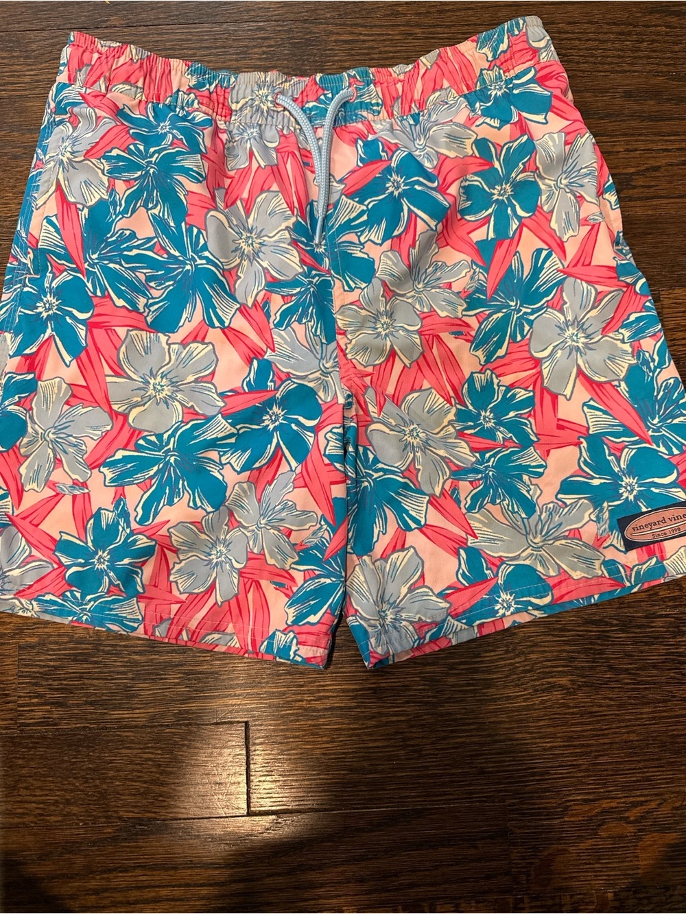 Vineyard Vines Coral Pink, Teal & Gray Floral Swim Trunks